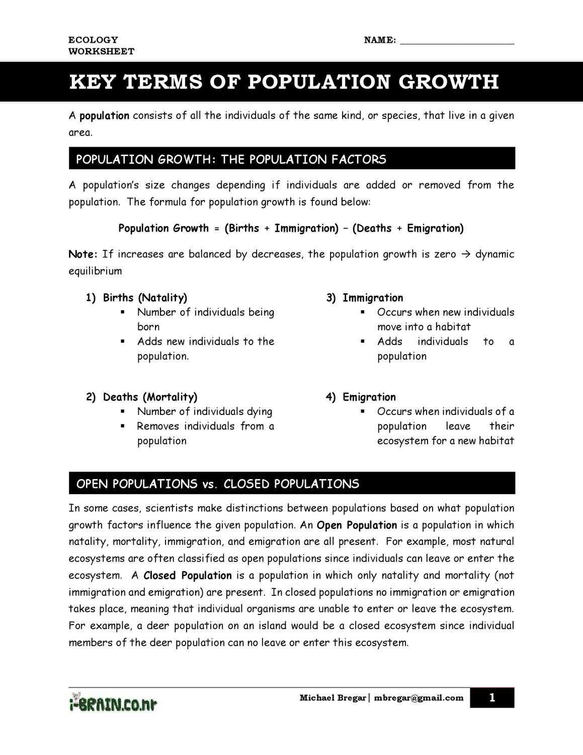 Human Population Growth Worksheet Handout Key Terms Of Population Growth by Michael Bregar