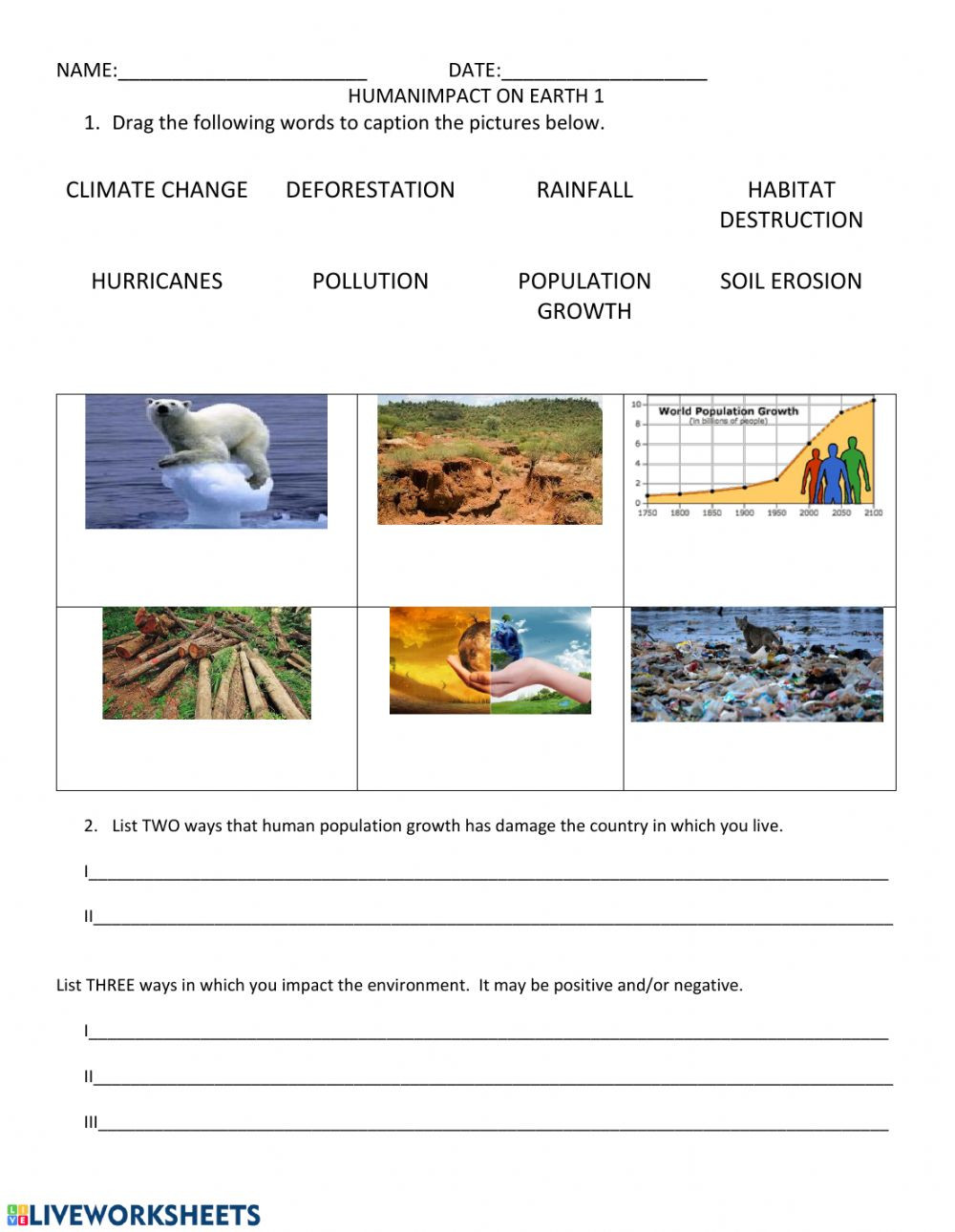 Human Population Growth Worksheet Human Impact Environment Interactive Worksheet