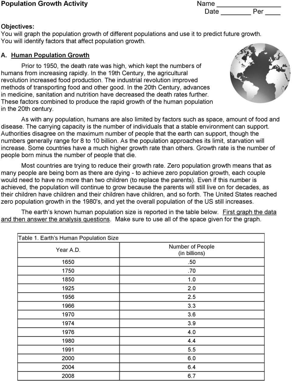 Human Population Growth Worksheet Population Growth Activity Date Per Pdf Free Download