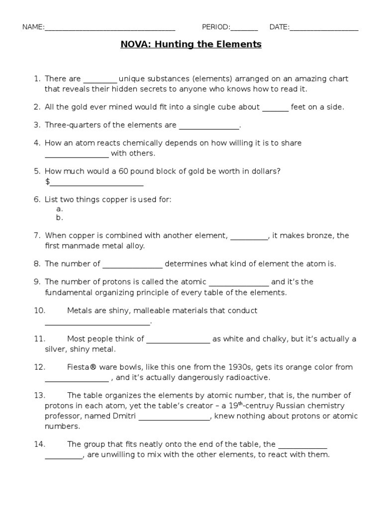 Hunting the Elements Worksheet Answers Hunting the Elements Video Questions