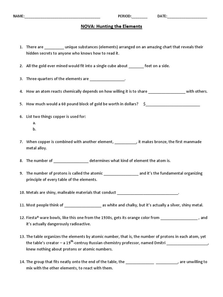 Hunting the Elements Worksheet Answers Nova Hunting the Elements Name Period Date