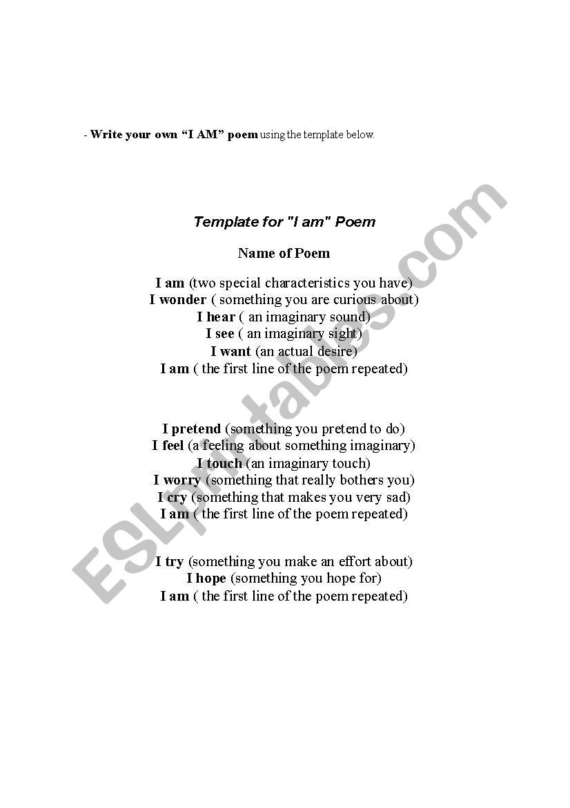 I Am Poem Worksheet English Worksheets I Am Poem