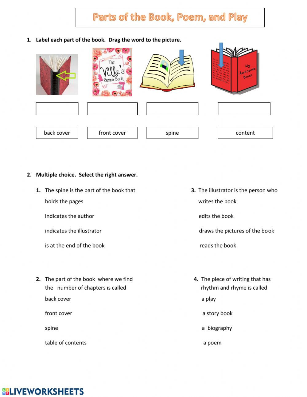 I Am Poem Worksheet Parts Of A Book Poem Interactive Worksheet
