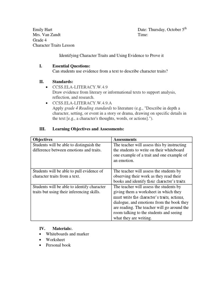 Identifying Character Traits Worksheet Lesson Plan Identifying Character Traits Emotions