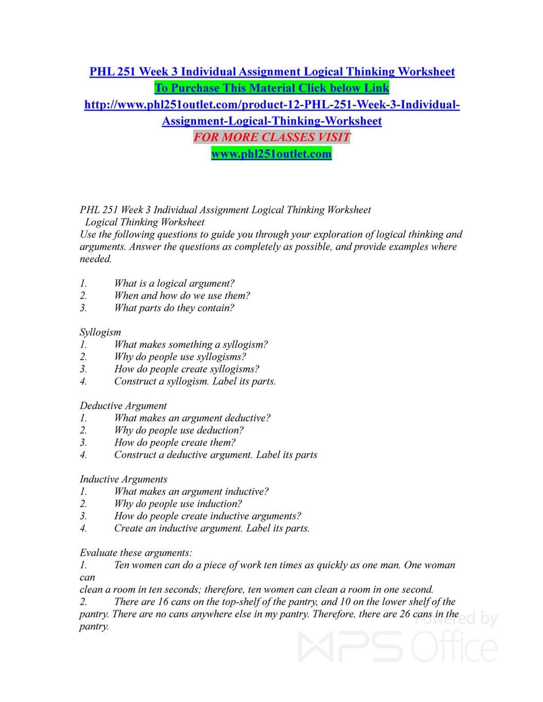 Inductive and Deductive Reasoning Worksheet My Publications Phl 251 Week 3 Individual assignment