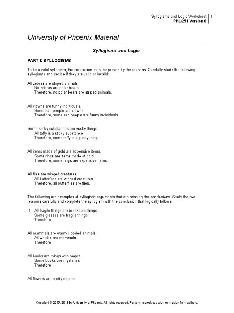 Inductive and Deductive Reasoning Worksheet Phl251r6 W3 Syllogisms and Logic Worksheet Argument