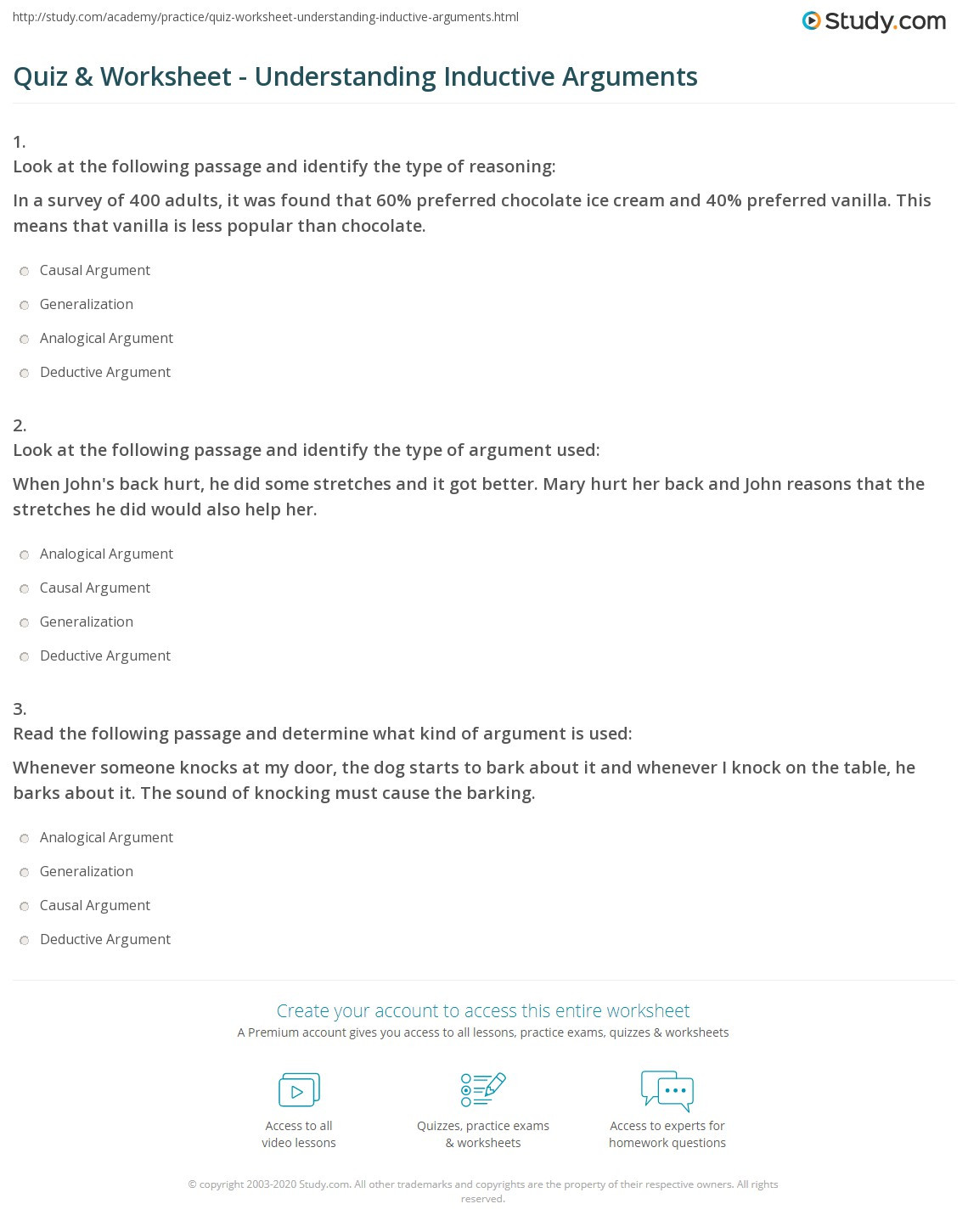 Inductive and Deductive Reasoning Worksheet Quiz &amp; Worksheet Understanding Inductive Arguments