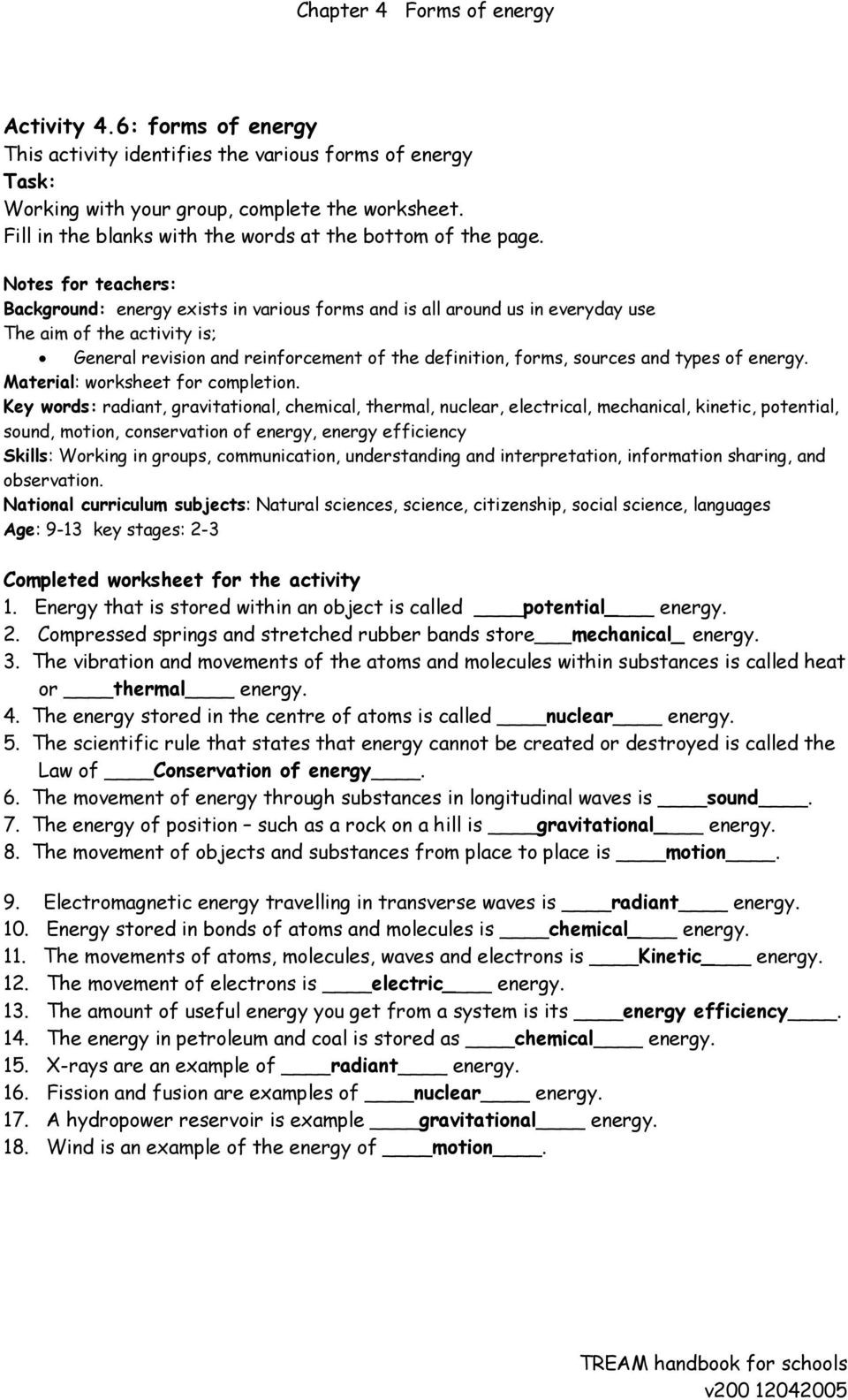 Introduction to Energy Worksheet Chapter 4 forms Of Energy Pdf Free Download