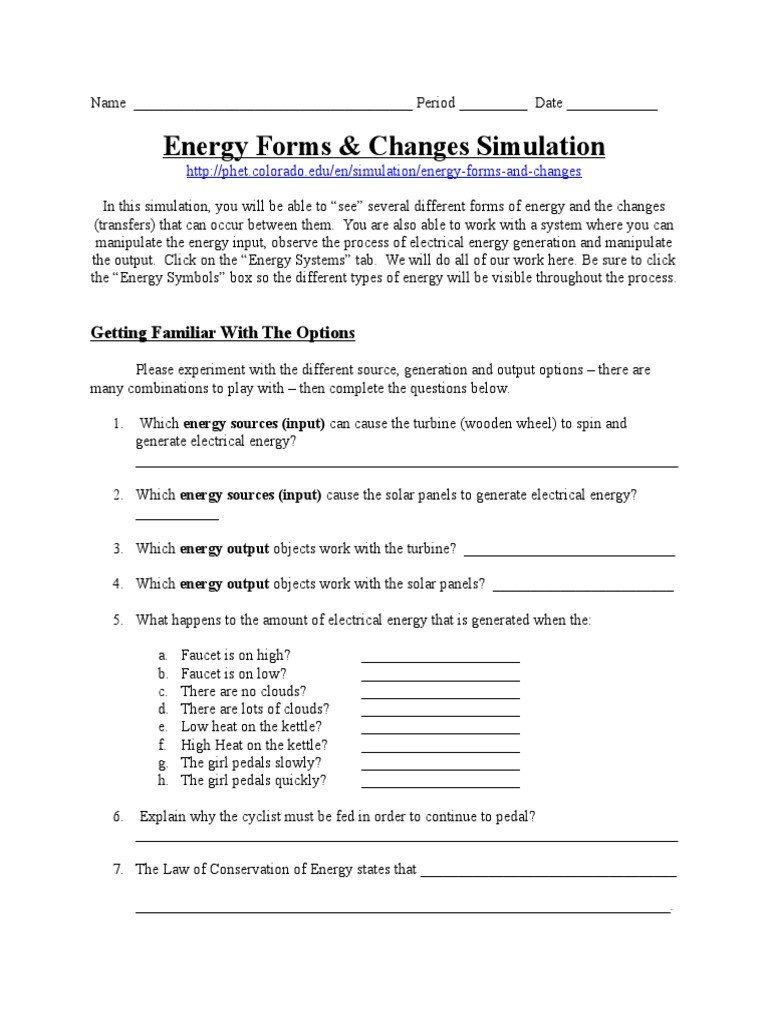Introduction to Energy Worksheet Energy forms Changes Simulation Worksheet Steam