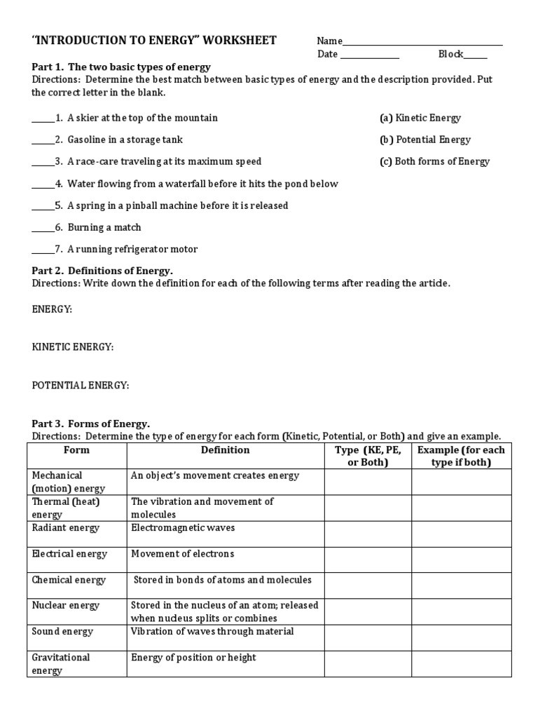 Introduction to Energy Worksheet Intro to Energy Worksheet Potential Energy