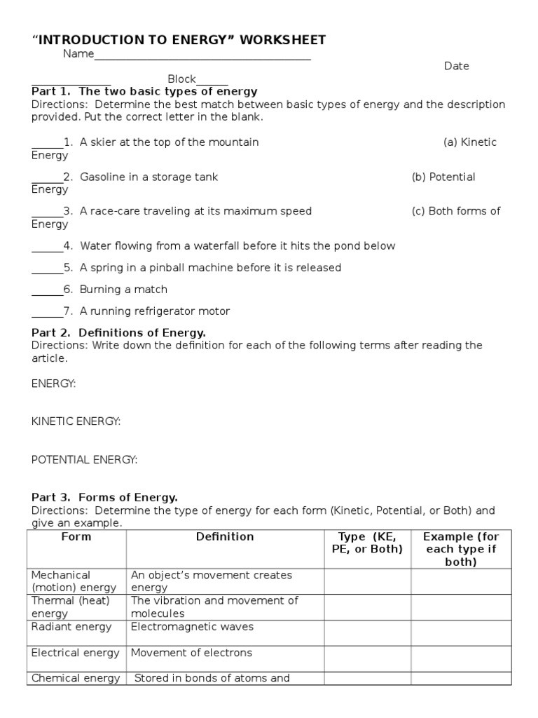 Introduction to Energy Worksheet Introduction to Energy” Worksheet Part 1 the Two Basic