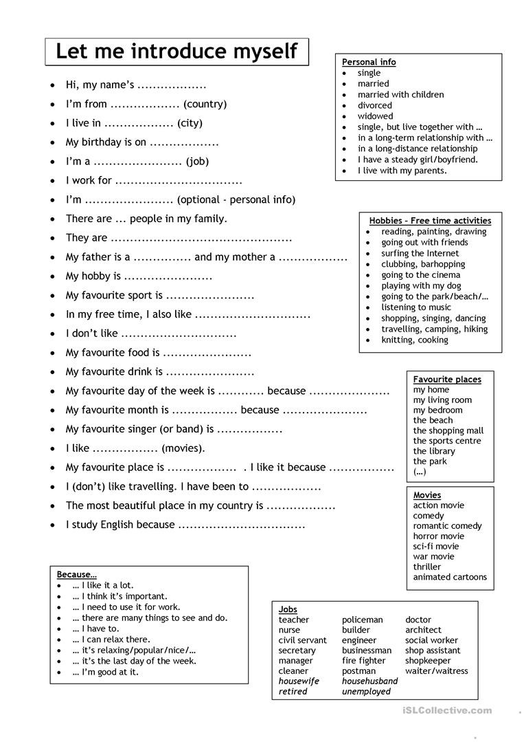 Introduction to Energy Worksheet Let Me Introduce Myself for Adults English Esl