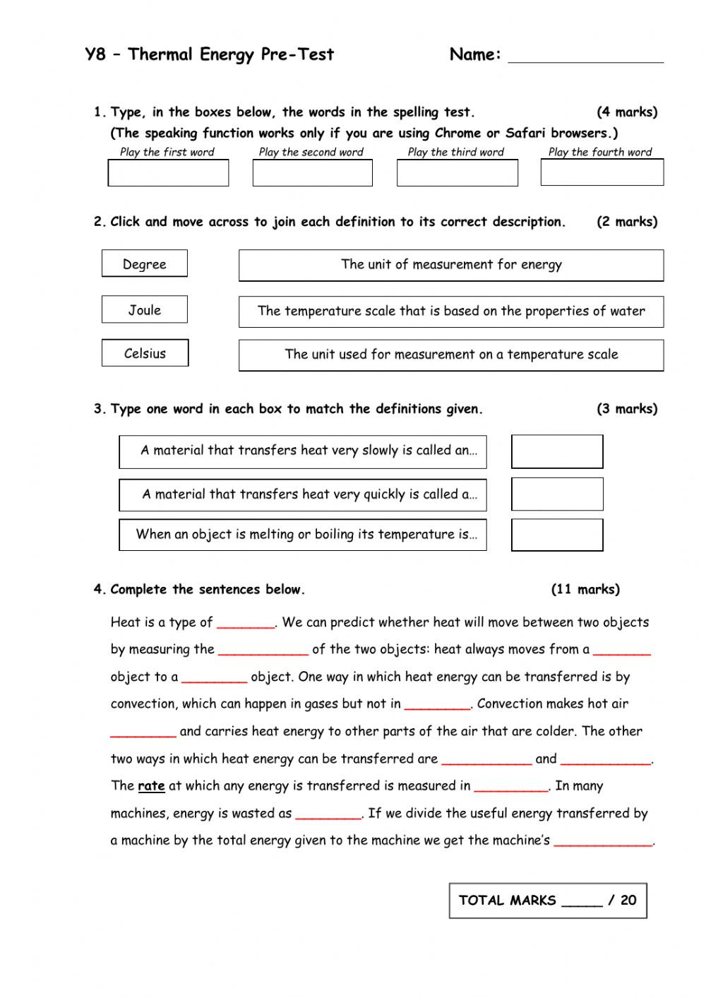 Introduction to Energy Worksheet thermal Energy Short Test Interactive Worksheet