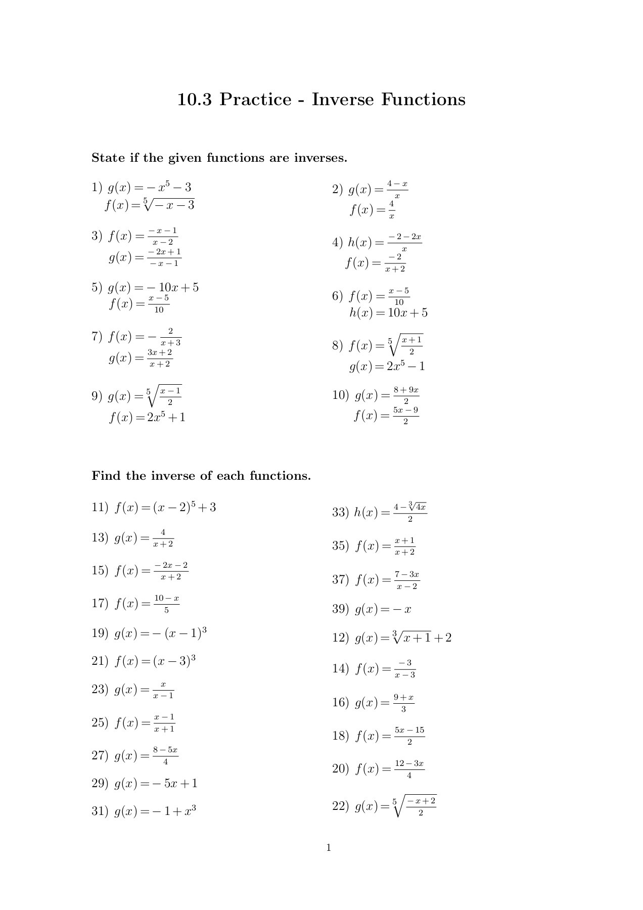 Inverse Functions Worksheet with Answers Inverse Functions Practice