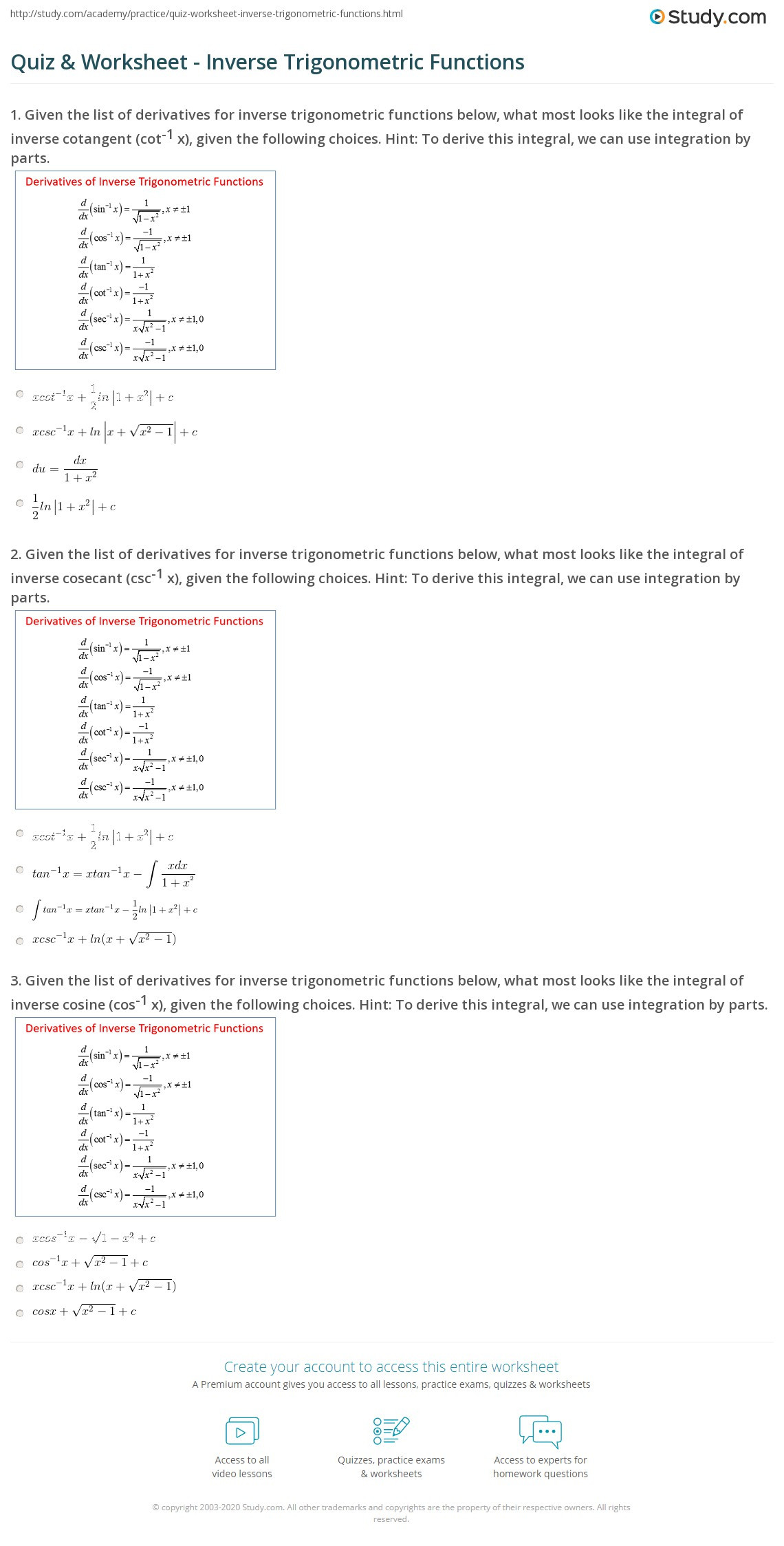 Inverse Functions Worksheet with Answers Quiz &amp; Worksheet Inverse Trigonometric Functions