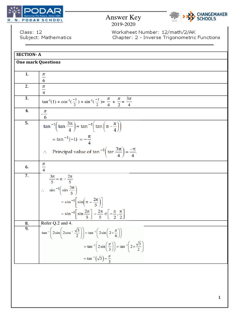 Inverse Trigonometric Functions Worksheet Ch2 Inverse Trignometric Function Ak Cx