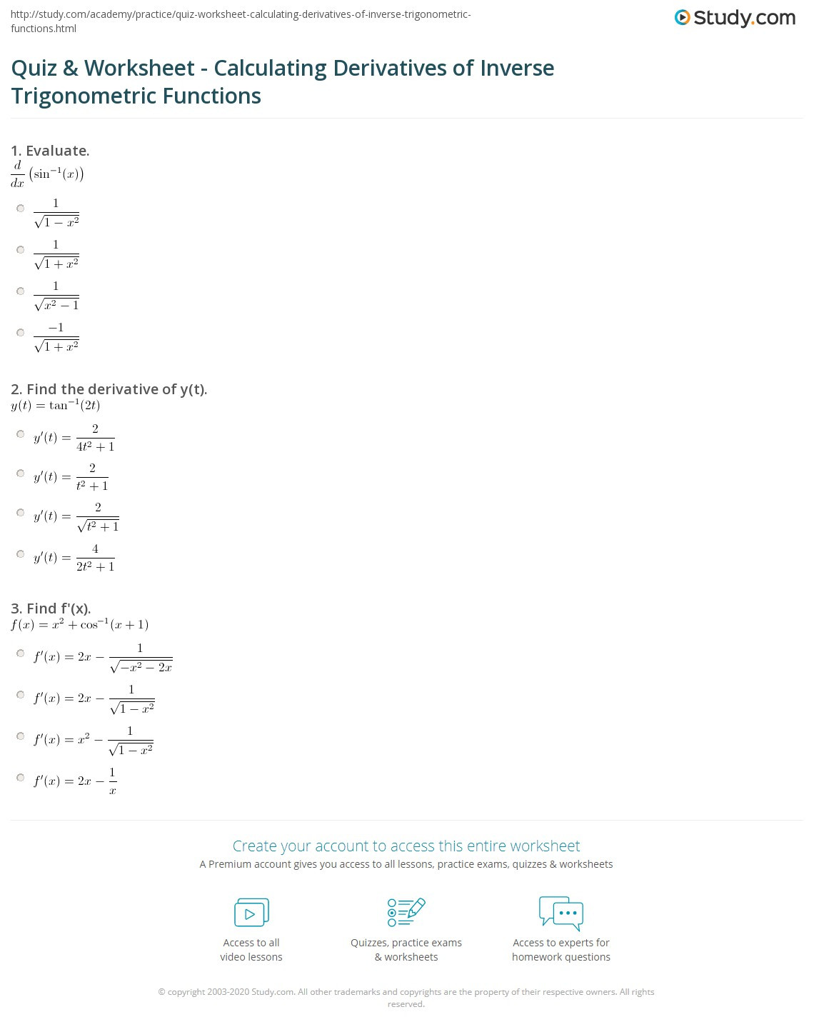 Inverse Trigonometric Functions Worksheet Quiz &amp; Worksheet Calculating Derivatives Of Inverse