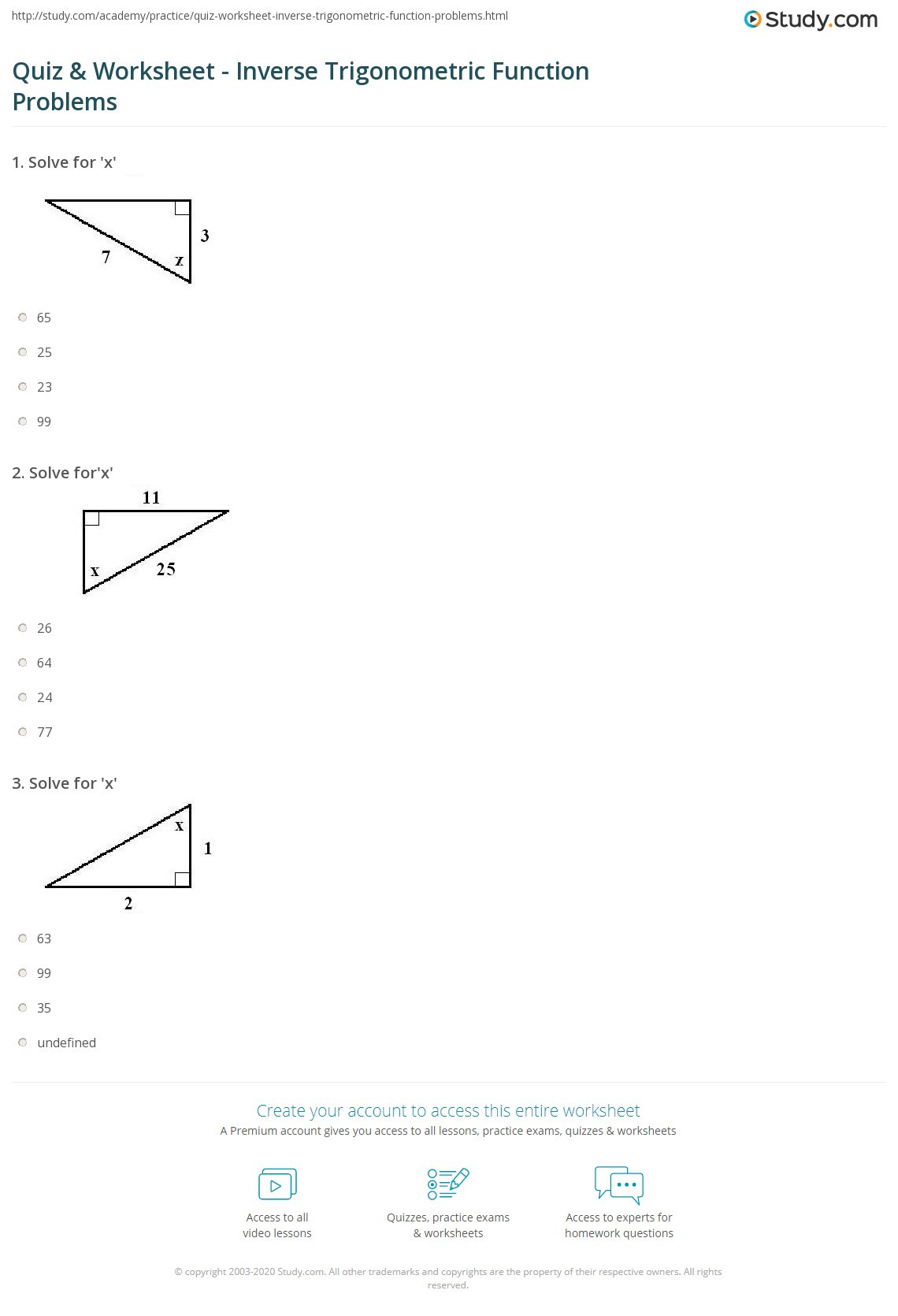 quiz worksheet inverse trigonometric function problems
