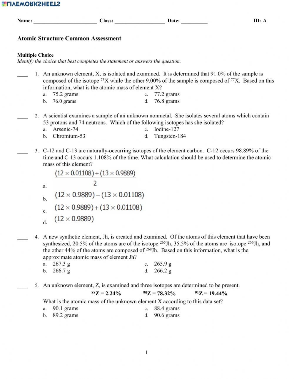 Isotopes Worksheet Answer Key atomic Structure Test Interactive Worksheet