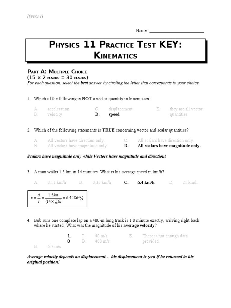 Kinematics Practice Problems Worksheet Kinematics Practice Test Key 05 06
