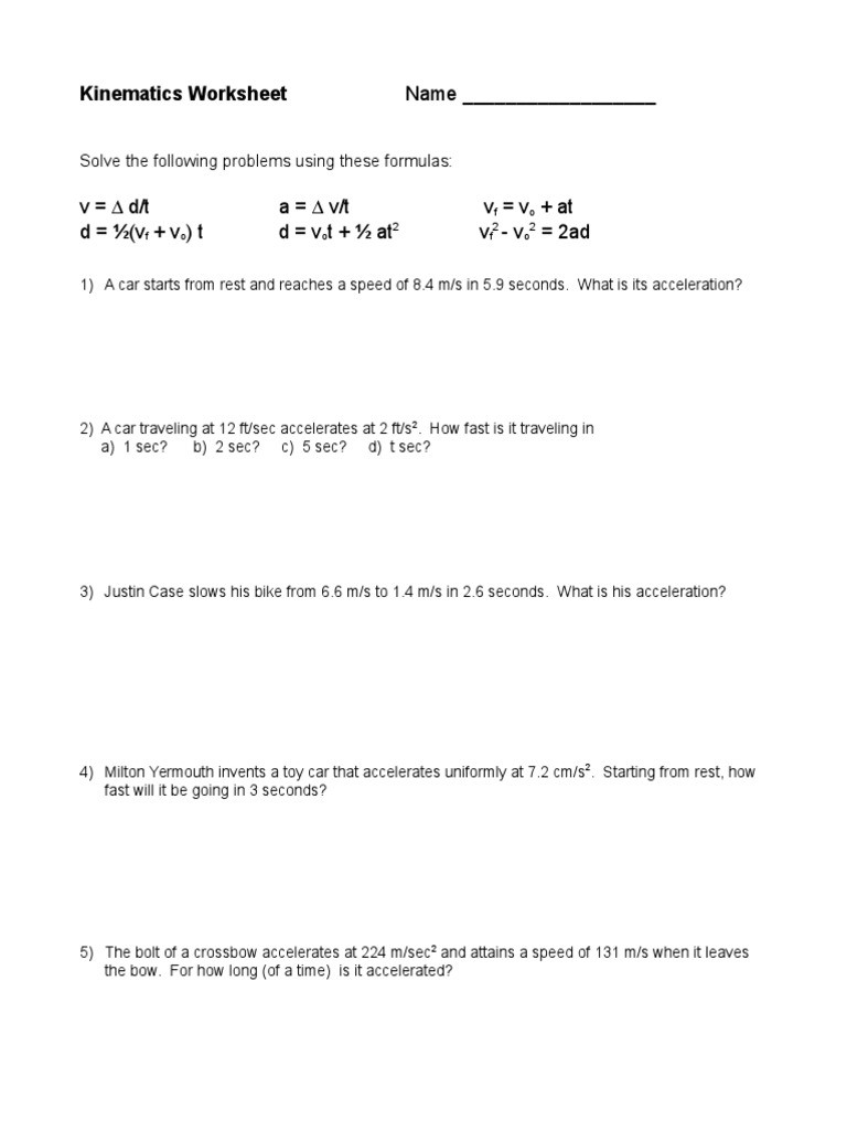 Kinematics Practice Problems Worksheet Kinematics Worksheetc Acceleration