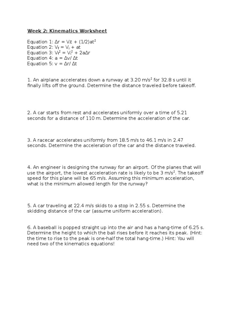 Kinematics Practice Problems Worksheet Larc Physics 3a Kinematics Worksheet Fall 2013