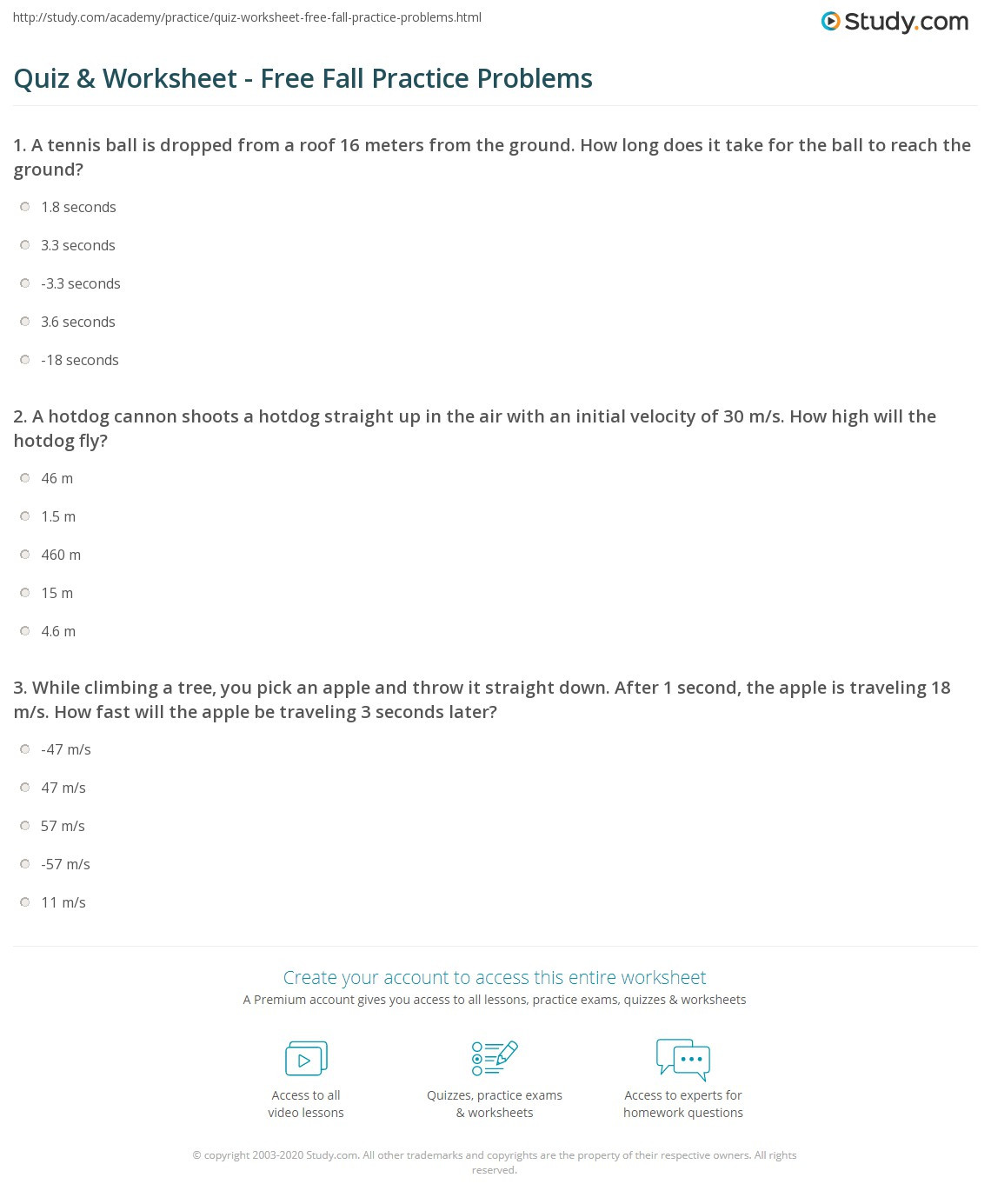 Kinematics Practice Problems Worksheet Quiz &amp; Worksheet Free Fall Practice Problems