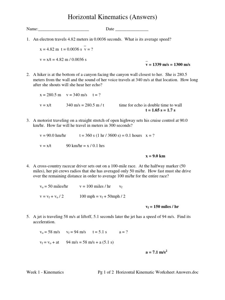 Kinematics Worksheet with Answers Horizontal Kinematic Worksheet Answers Speed