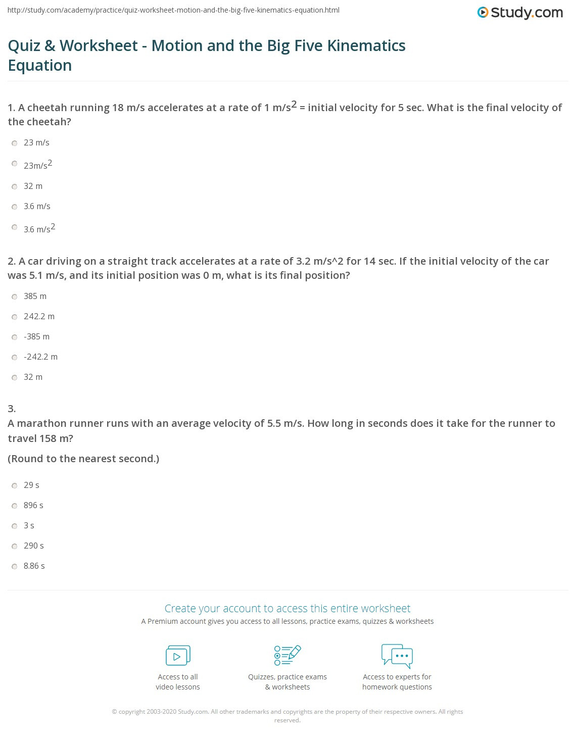 Kinematics Worksheet with Answers Quiz &amp; Worksheet Motion and the Big Five Kinematics