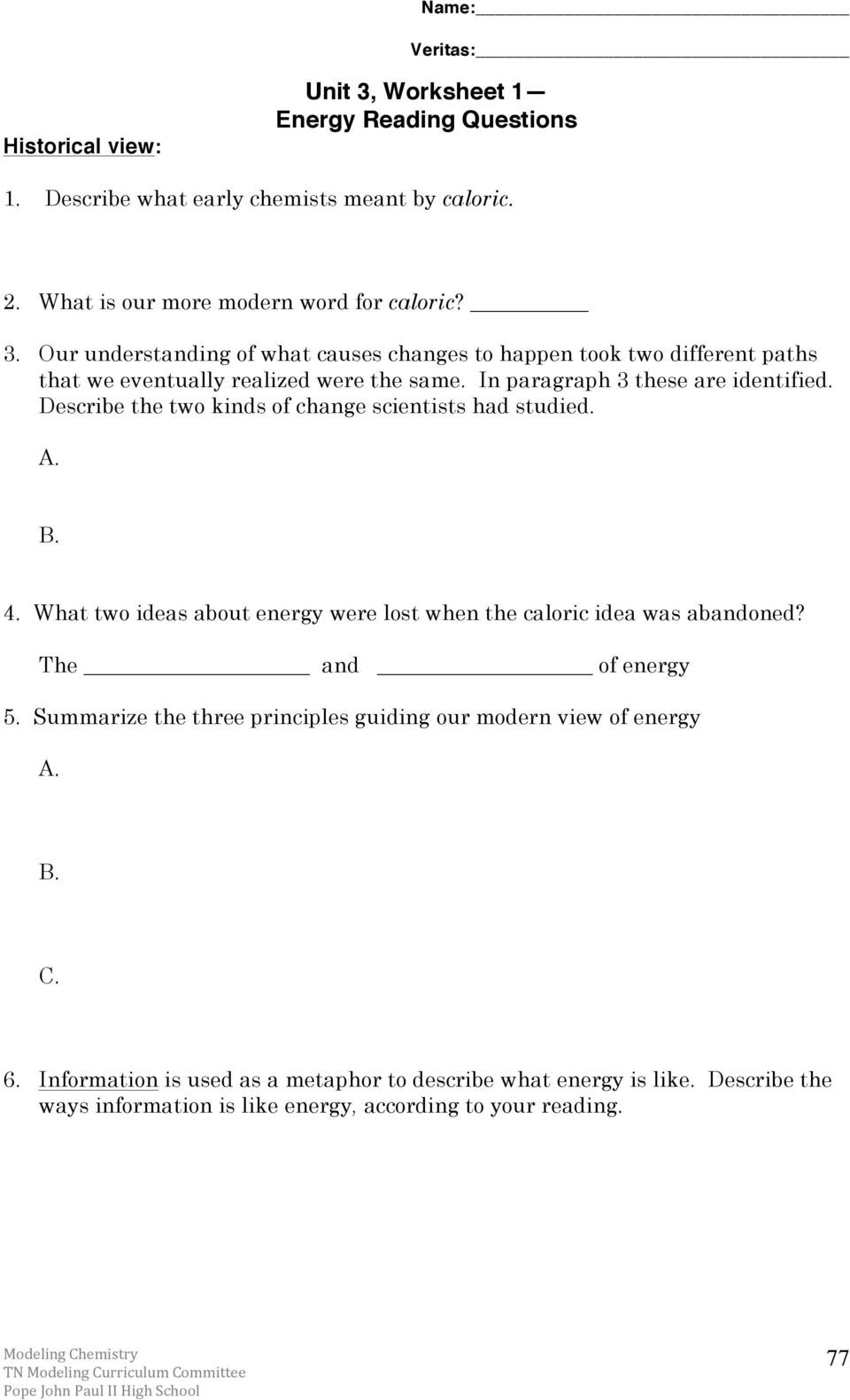 Kinetic Molecular theory Worksheet Chemistry Unit 3 Reading assignment Energy and Kinetic