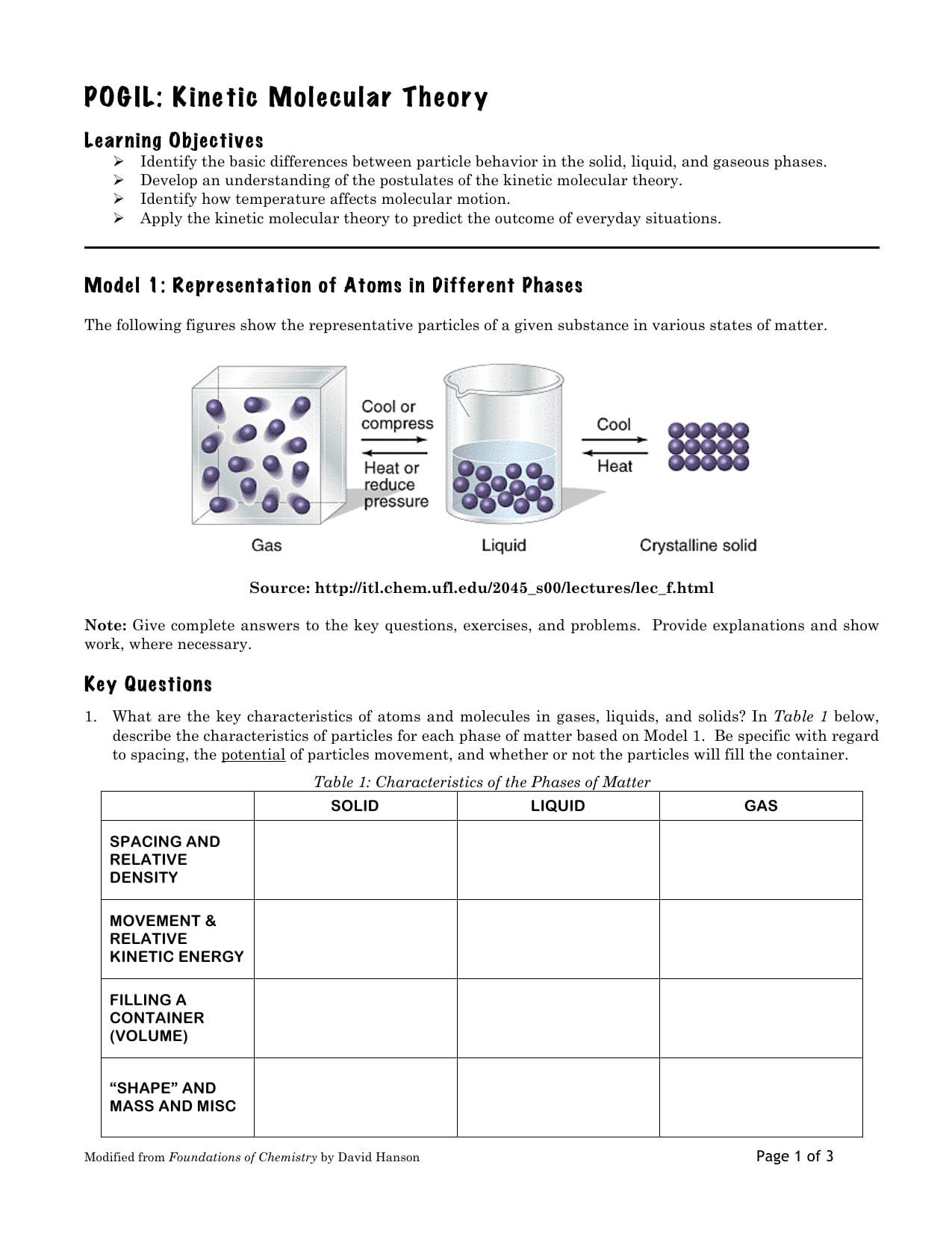 Kinetic Molecular theory Worksheet Kinetic theory Worksheet
