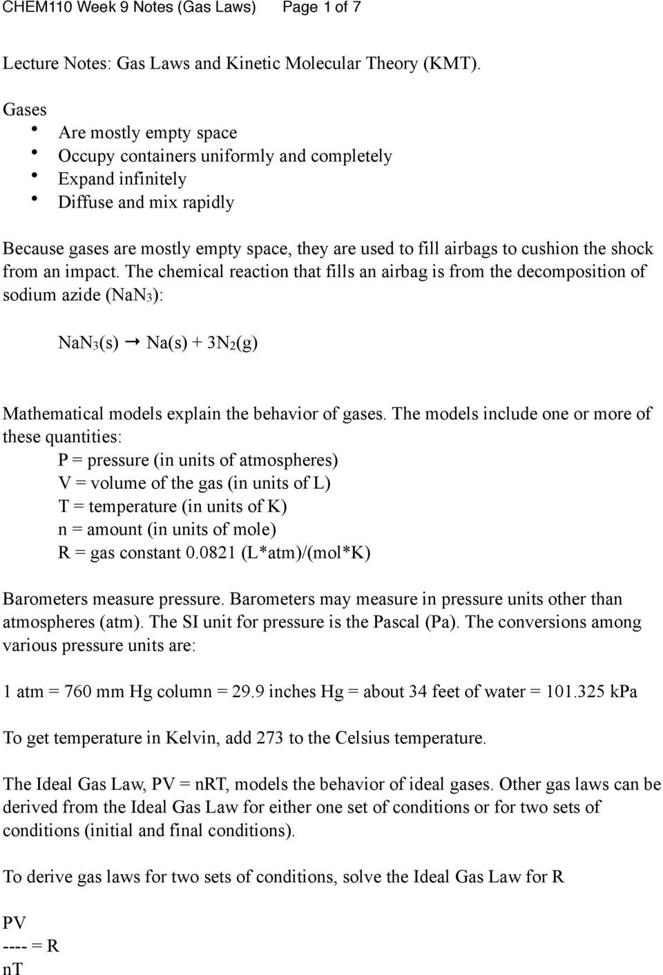 Kinetic Molecular theory Worksheet Lecture Notes Gas Laws and Kinetic Molecular theory Kmt