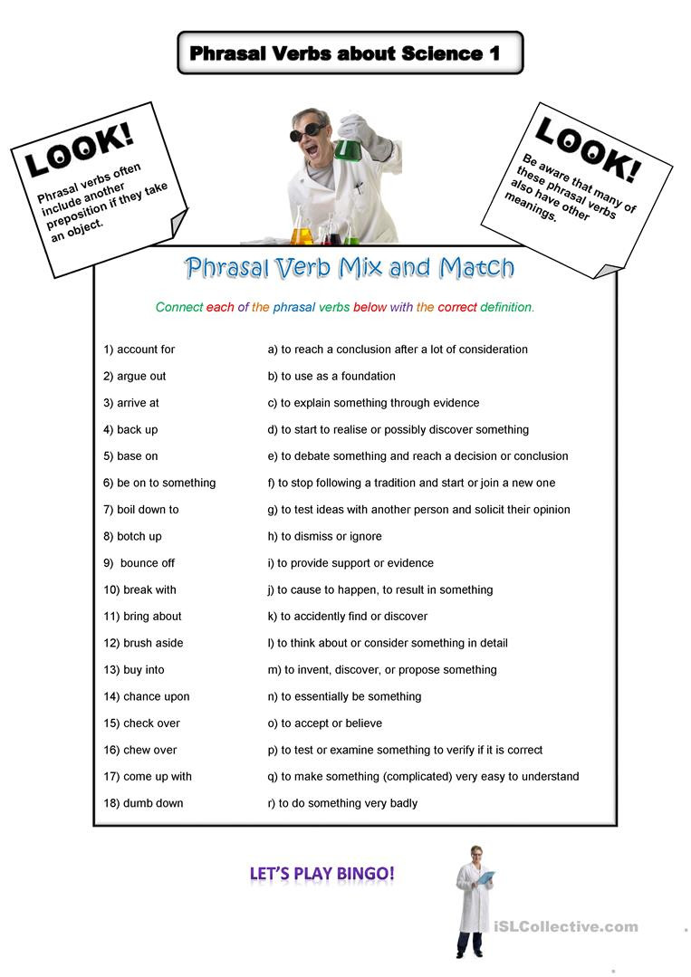 Language Of Science Worksheet Phrasal Verbs About Science 1 English Esl Worksheets for