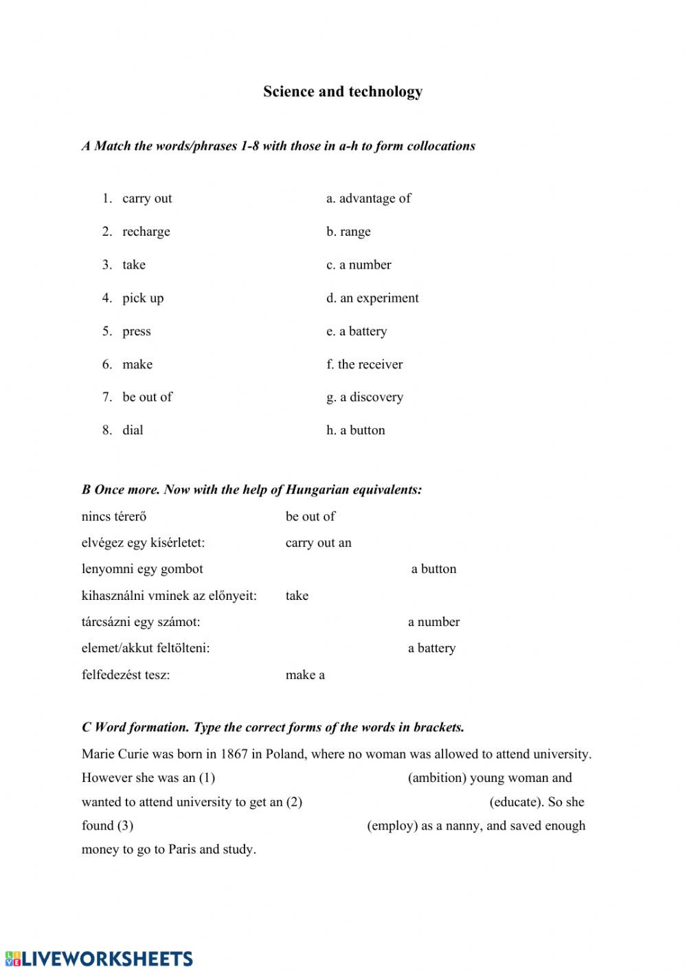 Language Of Science Worksheet Science and Technology Interactive Worksheet