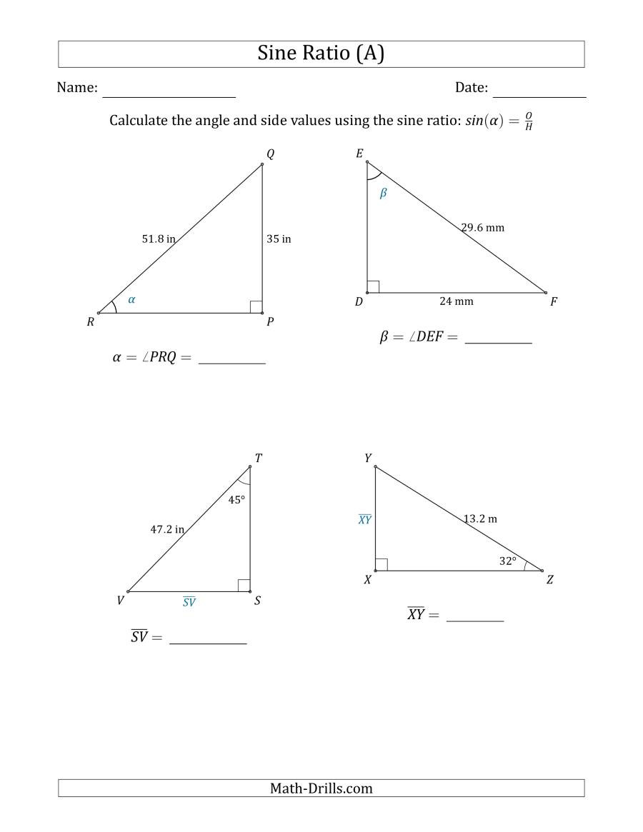 Law Of Sines Worksheet Calculating Angle and Side Values Using the Sine Ratio A