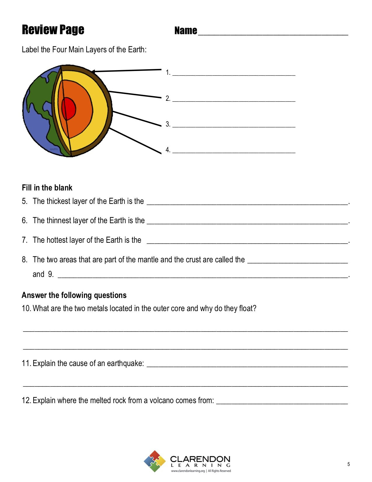 Layers Of the Earth Worksheet Layers Of the Earth