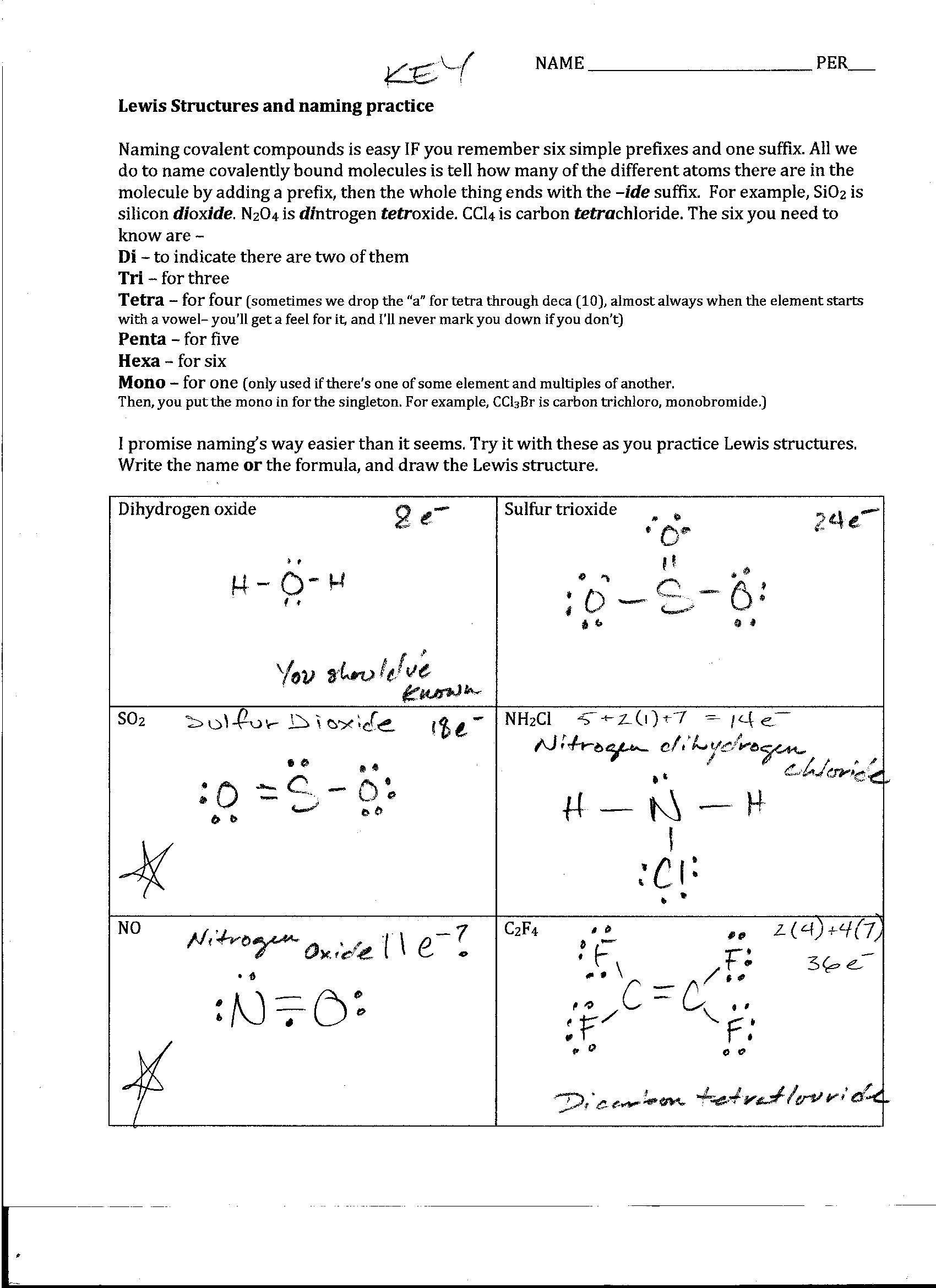 Lewis Structure Worksheet with Answers Chemistry Worksheet Lewis Dot Structures Answer Key