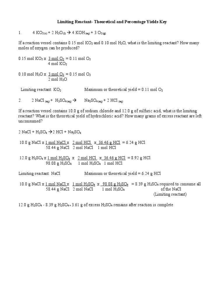 Limiting Reactant Worksheet Answers 115 Limiting Reactant Key