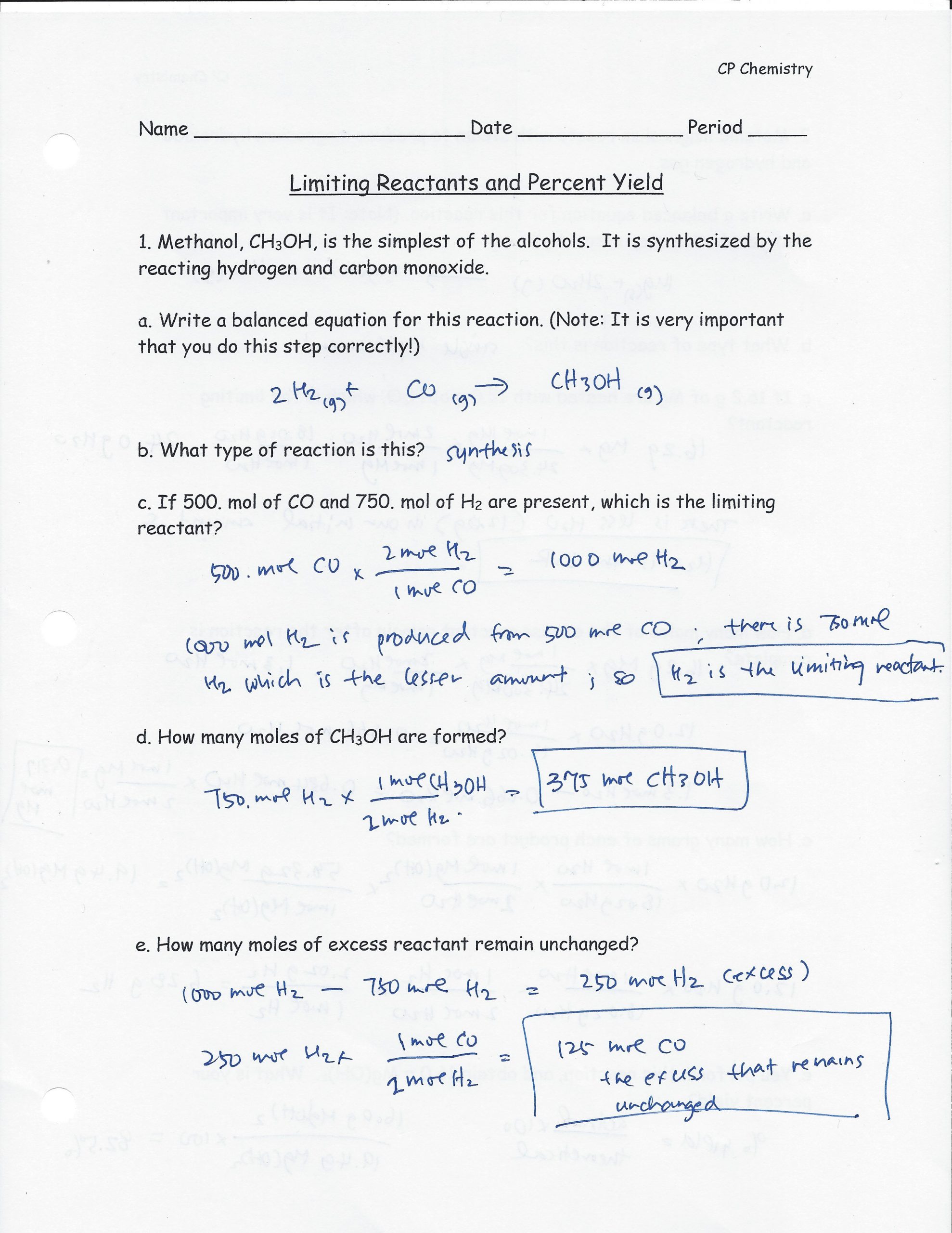 Limiting Reactant Worksheet Answers Blog Archives Hearn Science