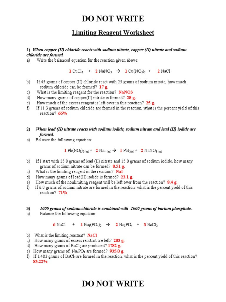 Limiting Reactant Worksheet Answers Limiting Reagent Worksheet Answers
