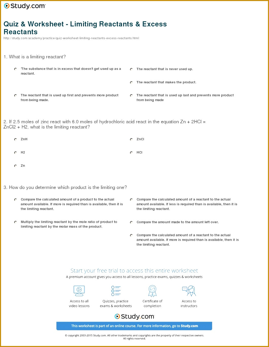 Limiting Reactant Worksheet Answers Limiting Reagents Worksheet with Answers