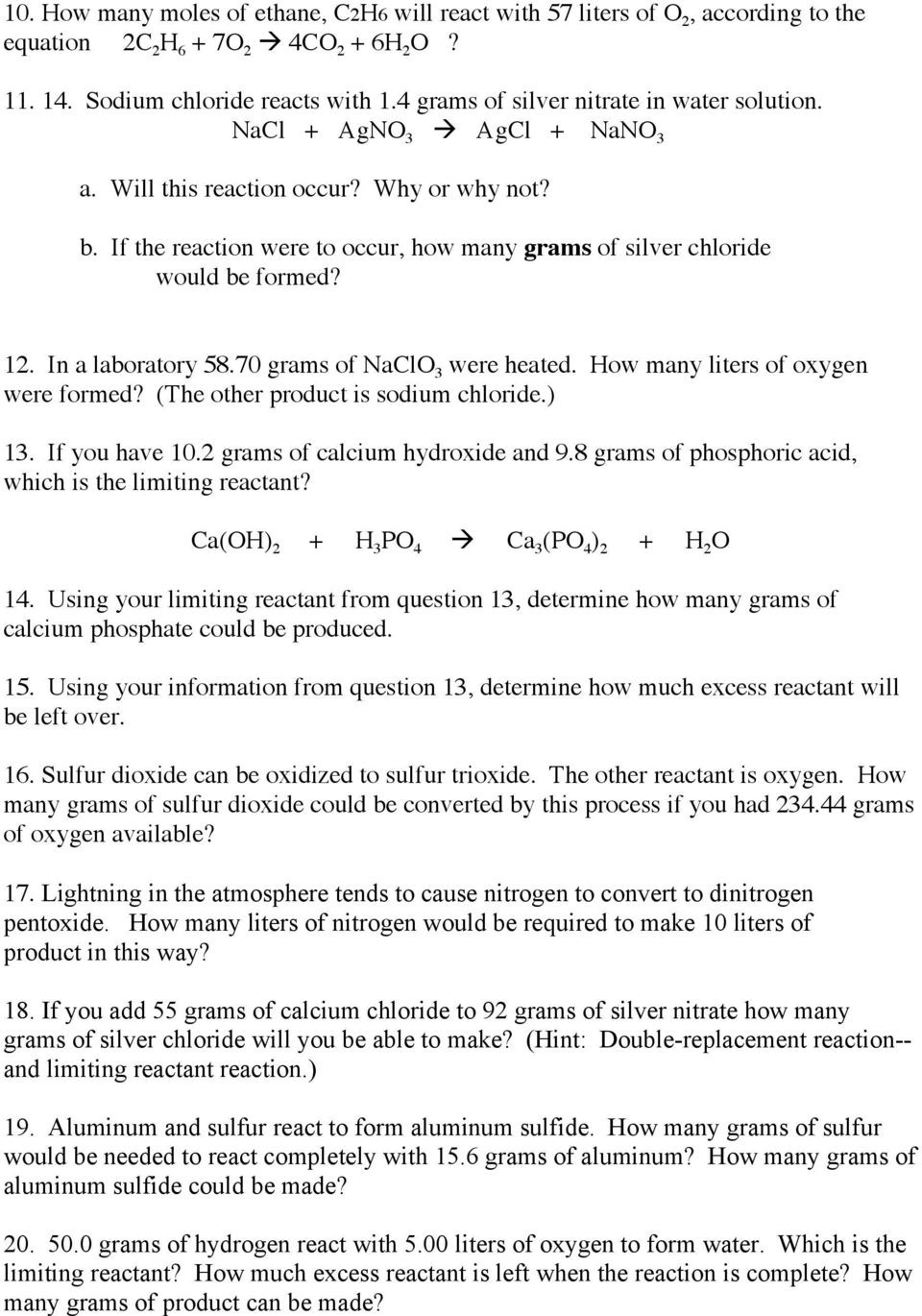 Limiting Reactant Worksheet Answers Stoichiometry Review Pdf Free Download