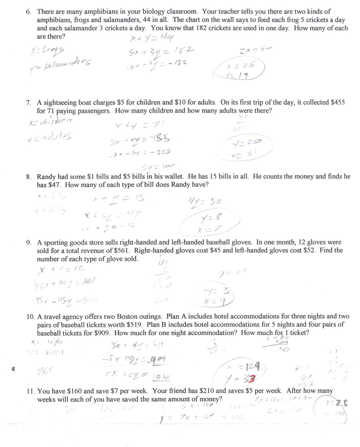 Linear Equation Word Problems Worksheet System Equations Word Problems 2 Answers Tessshebaylo