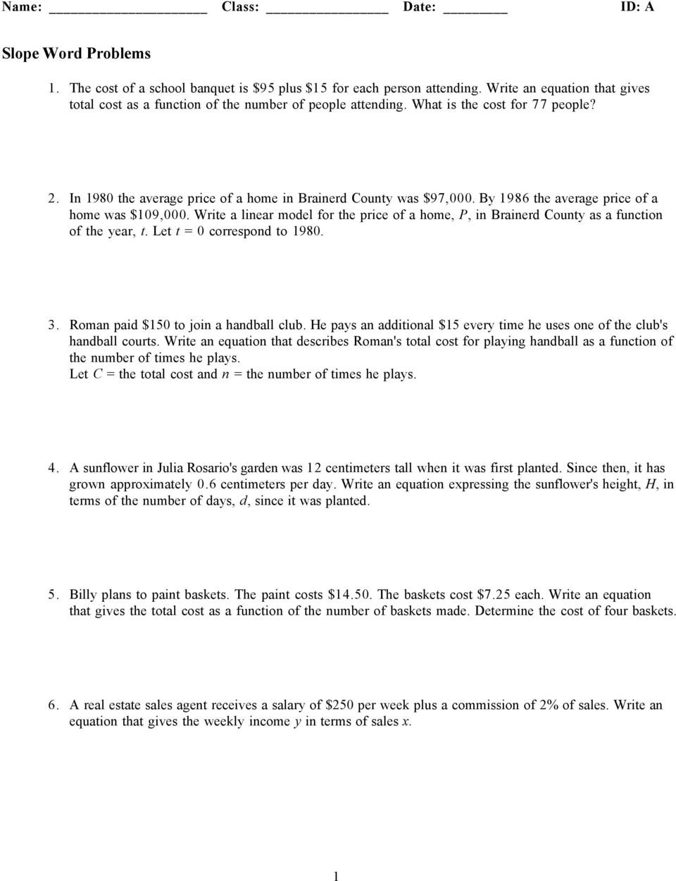 Linear Functions Word Problems Worksheet Slope Word Problems Worksheet Promotiontablecovers