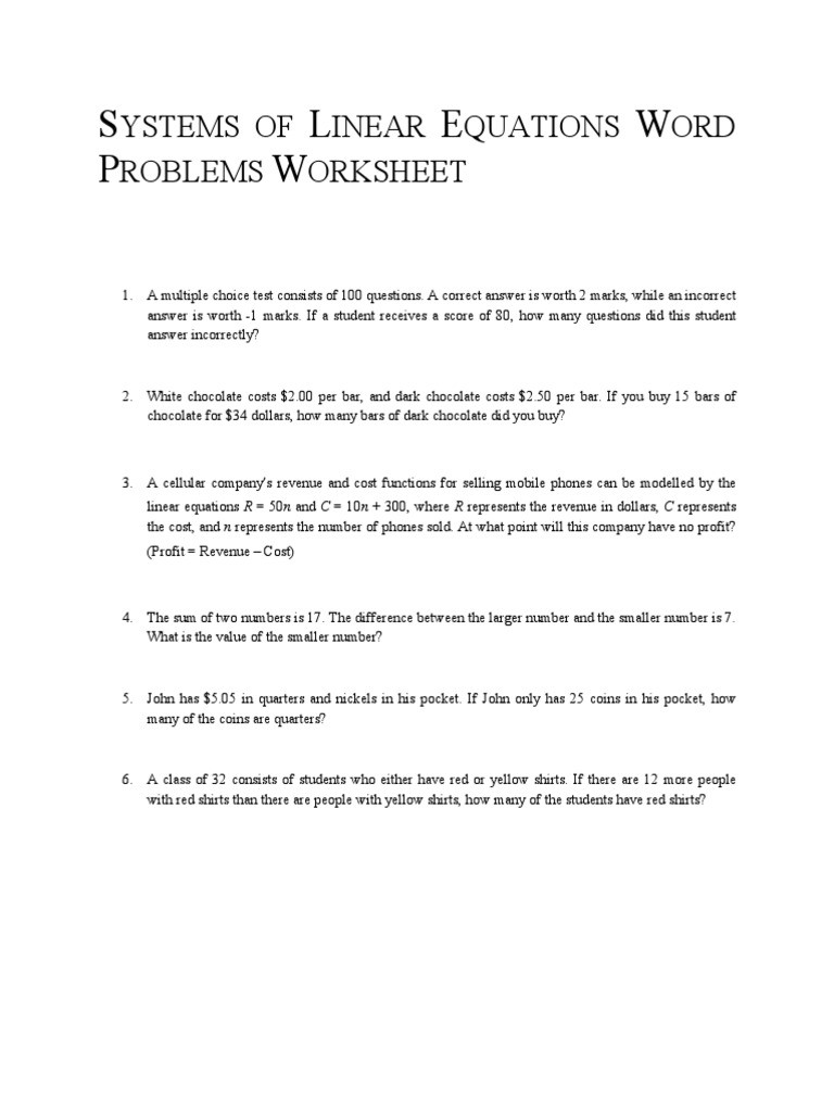 Linear Functions Word Problems Worksheet Systems Of Linear Equations Word Problems Worksheet