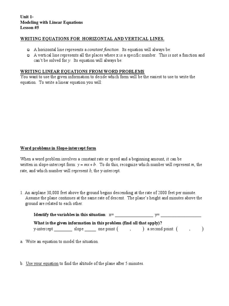 Linear Functions Word Problems Worksheet Writing Linear Equations From Word Problems