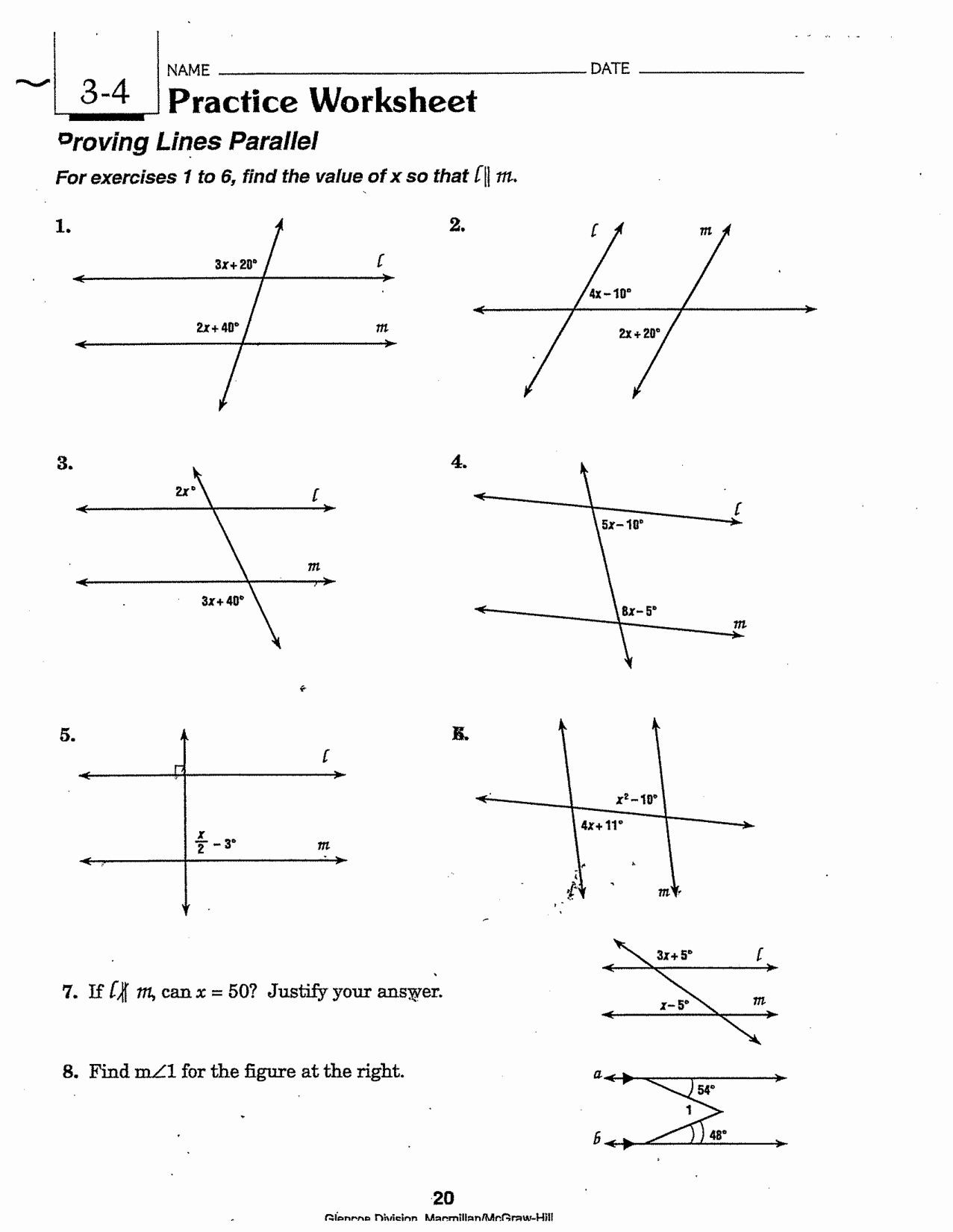Lines and Angles Worksheet Parallel Lines and Transversals Worksheet Printable