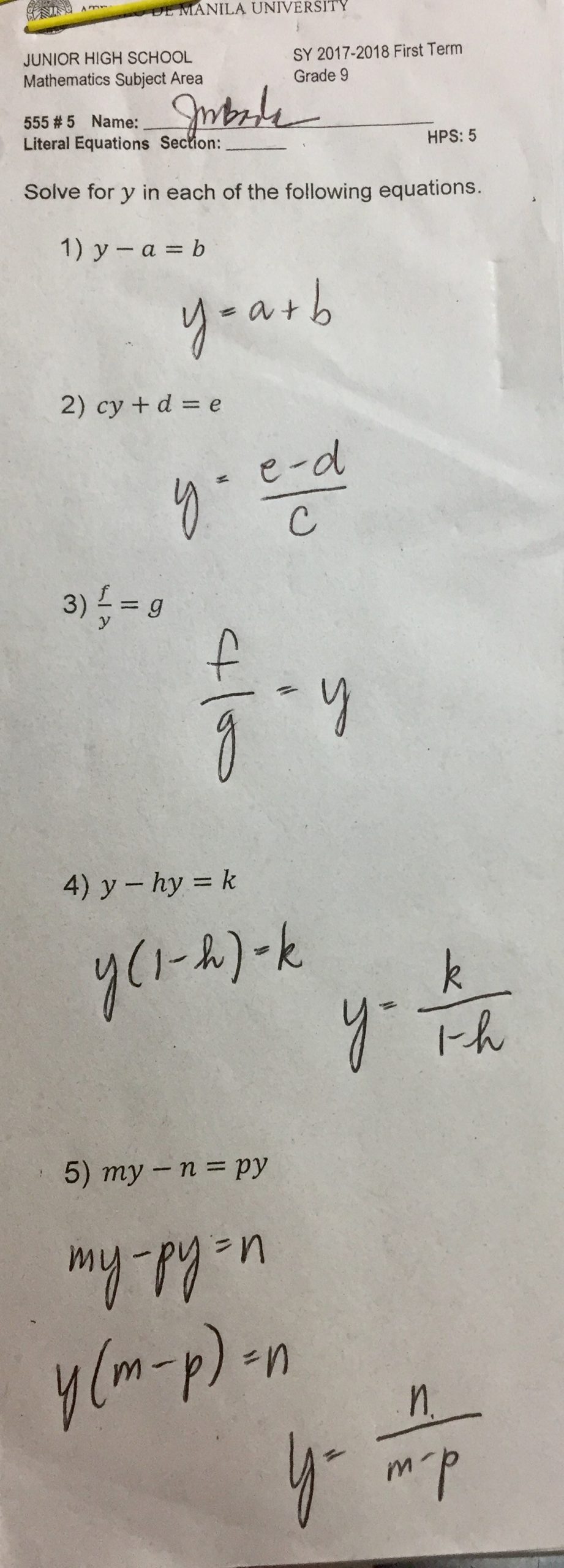 Literal Equations Worksheet Answers 9machado &amp; 9fausti Sy1718 – Sirjonbada