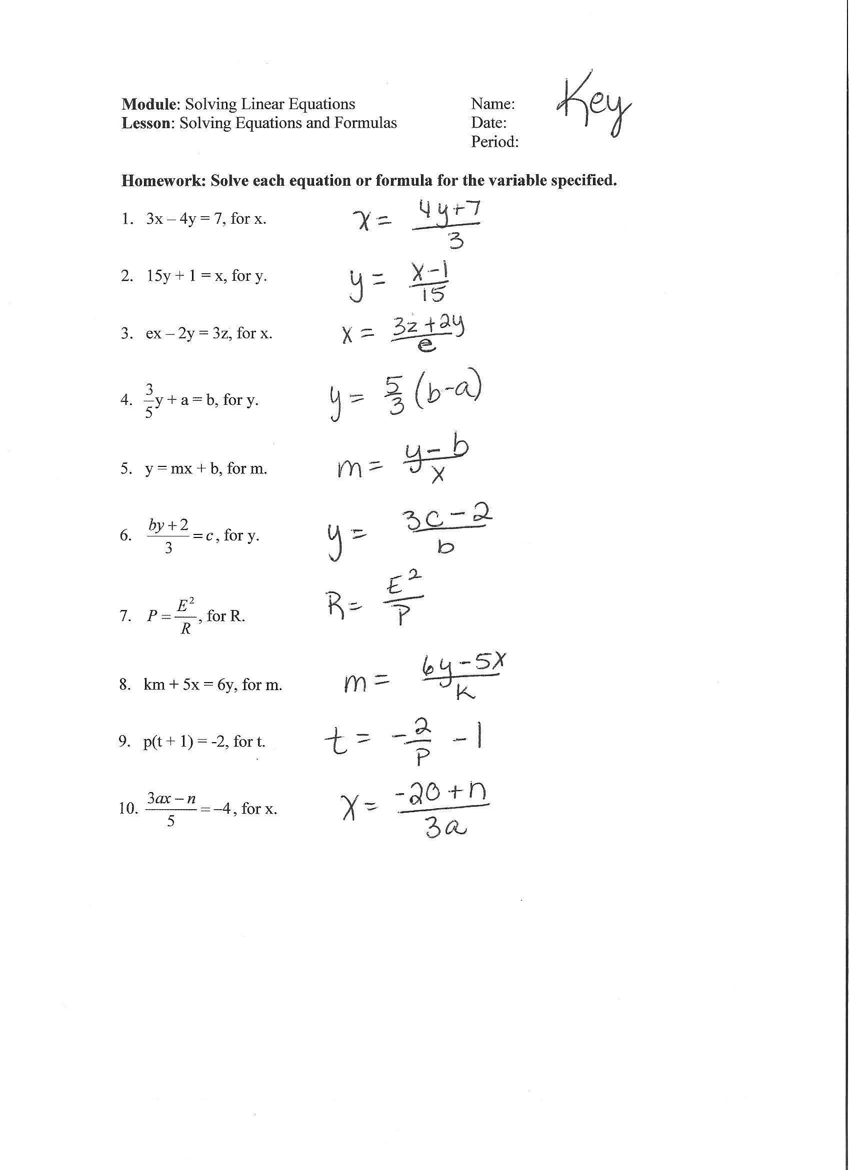 Literal Equations Worksheet Answers Alex