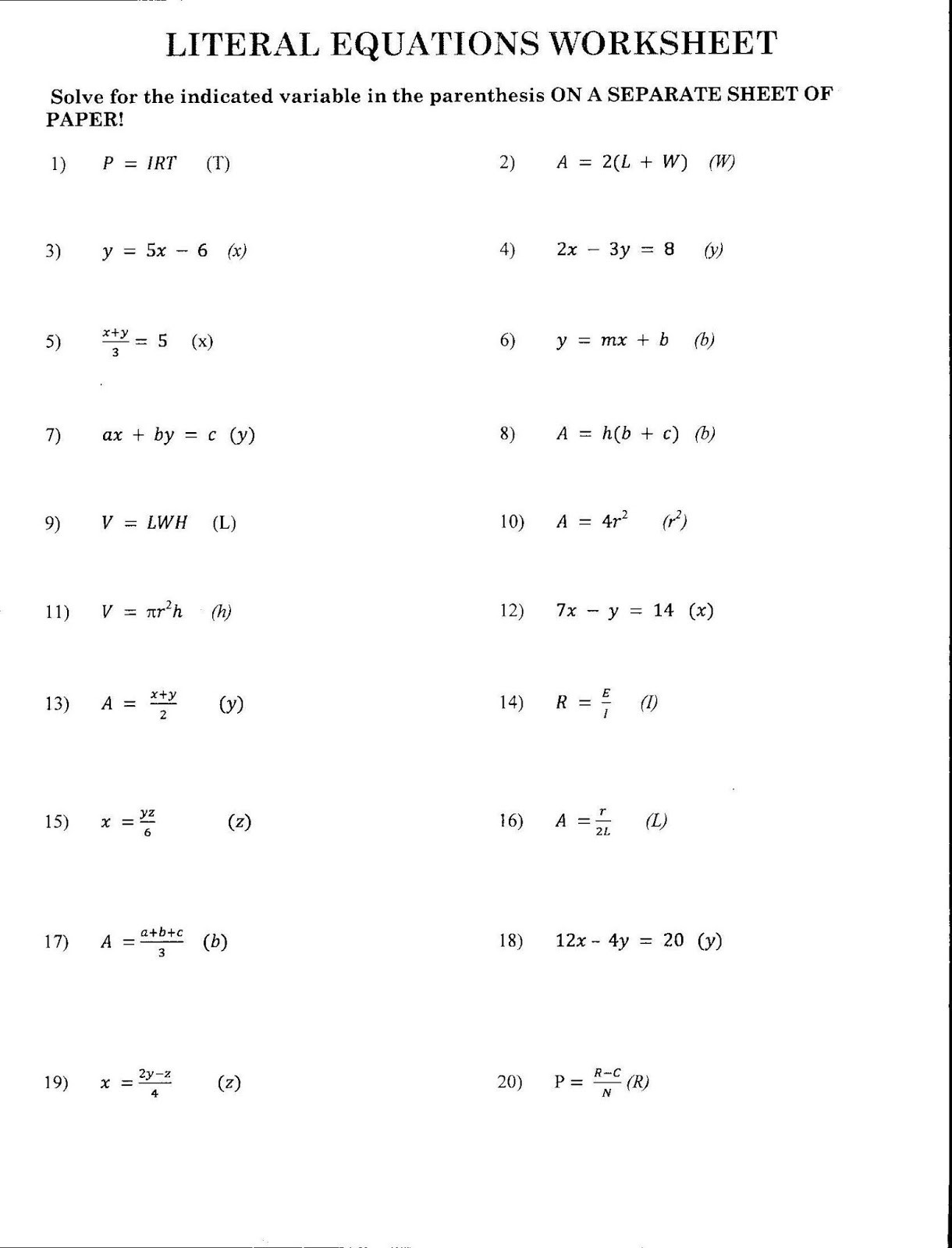 Literal Equations Worksheet Answers Literal Equations Worksheet
